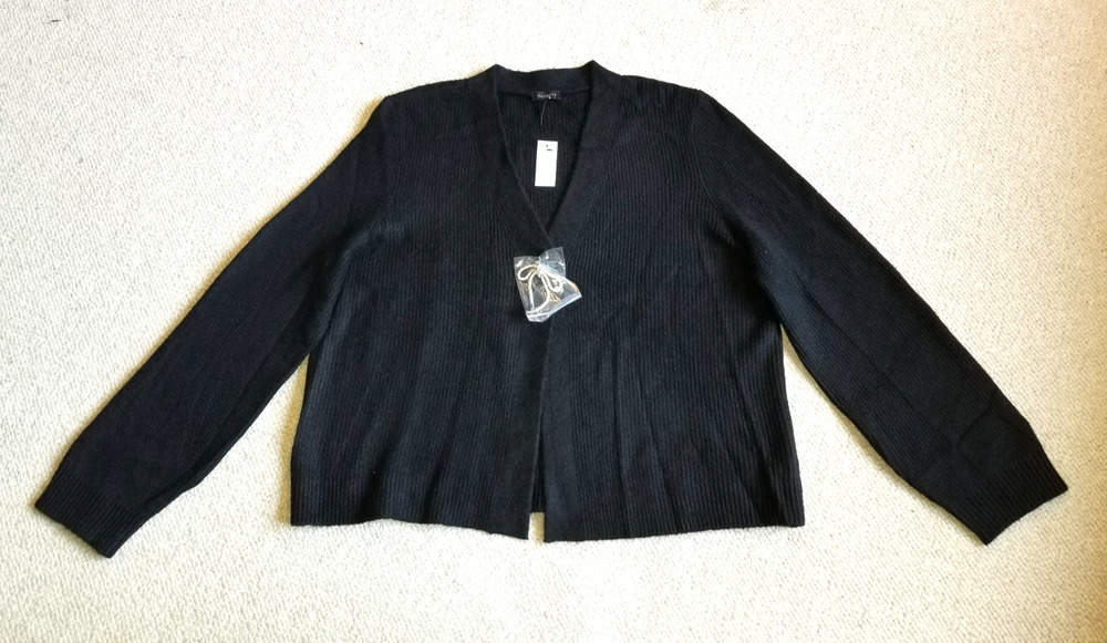 NWT Womens Sweater-TALBOTS-black ribbed silver bow pin cardigan Capsule ls-XL